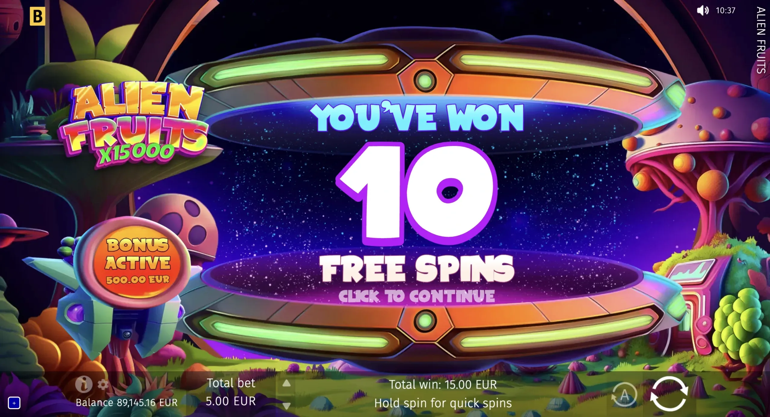 Alien Fruits official ten-free-spins bonus award