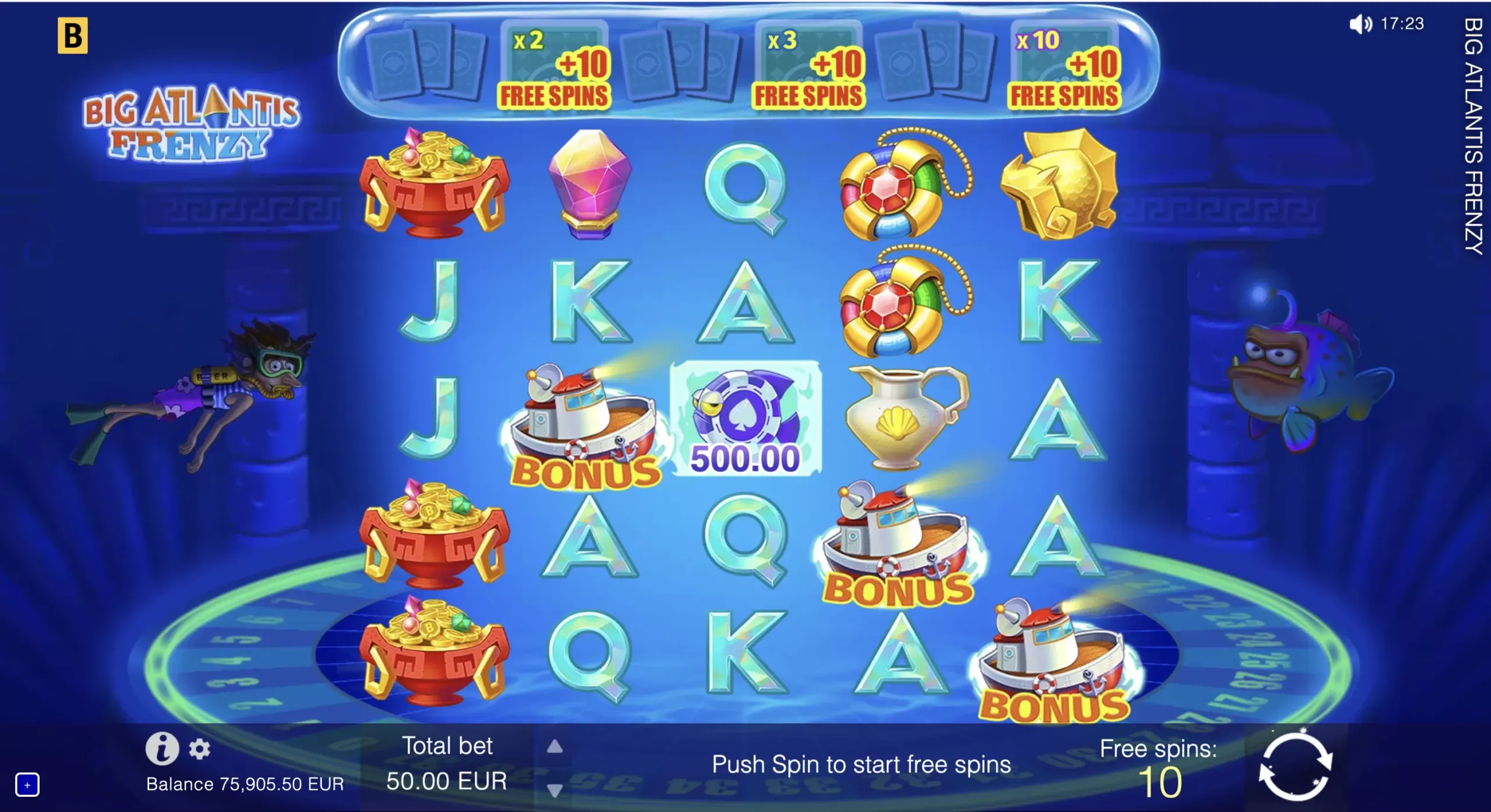 Big Atlantis Frenzy official free-spin board with Wild milestones