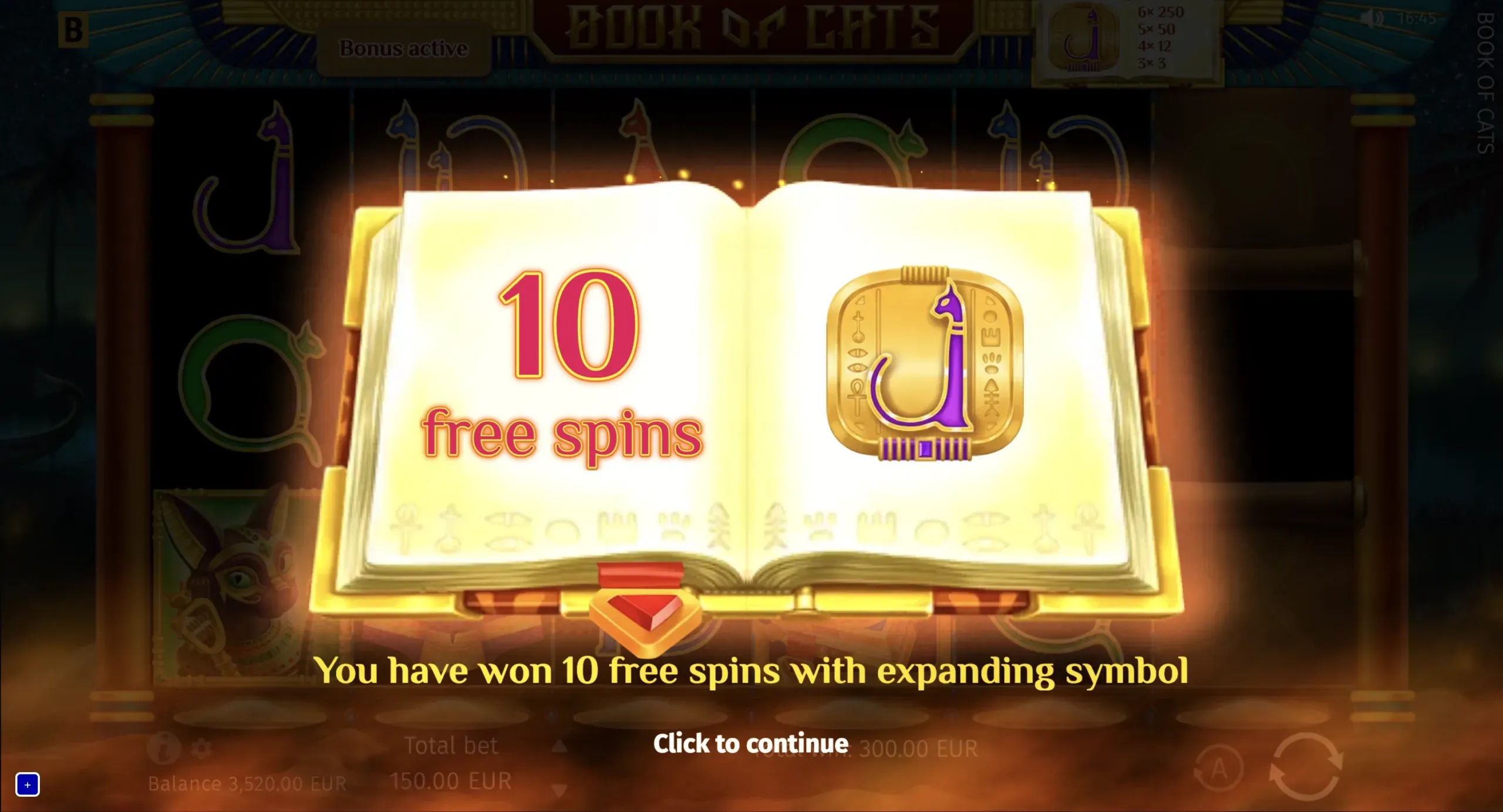 Book of Cats official ten-free-spins award and selected expanding symbol