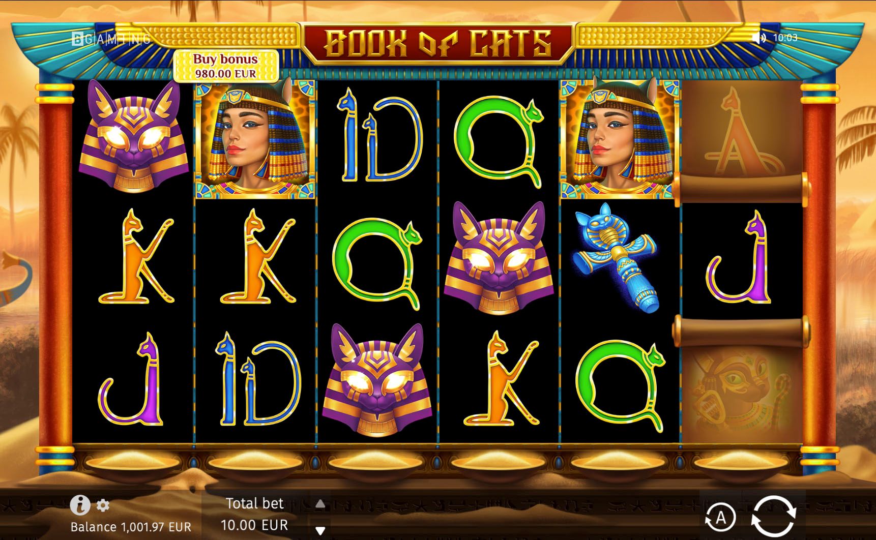 Book of Cats official main game with the partially locked sixth reel
