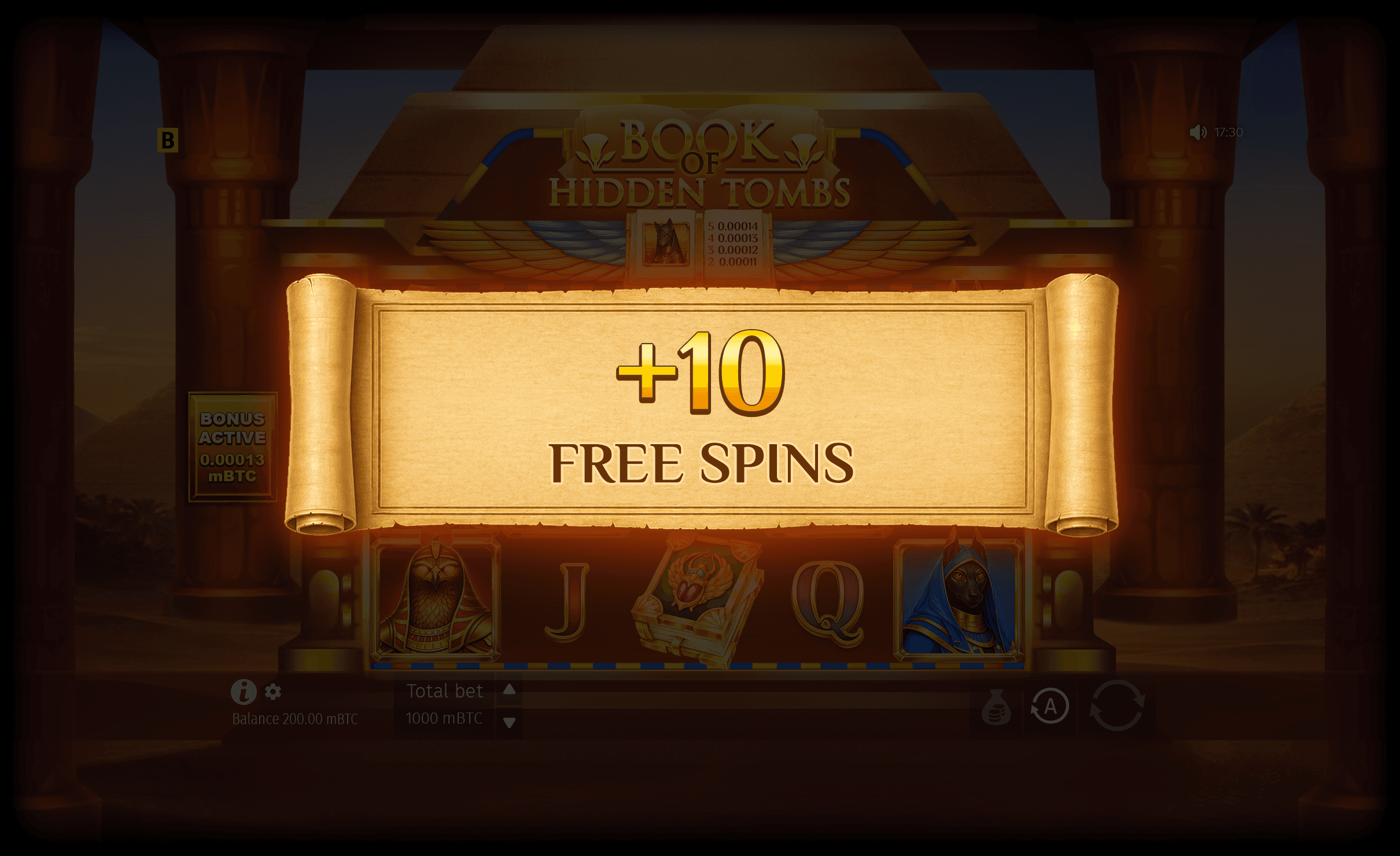 Book of Hidden Tombs official ten-extra-spins screen