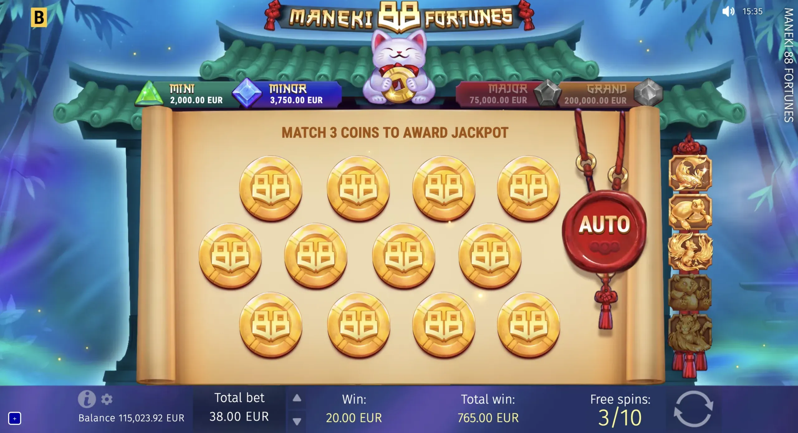 Maneki 88 Fortunes official jackpot coin-selection screen