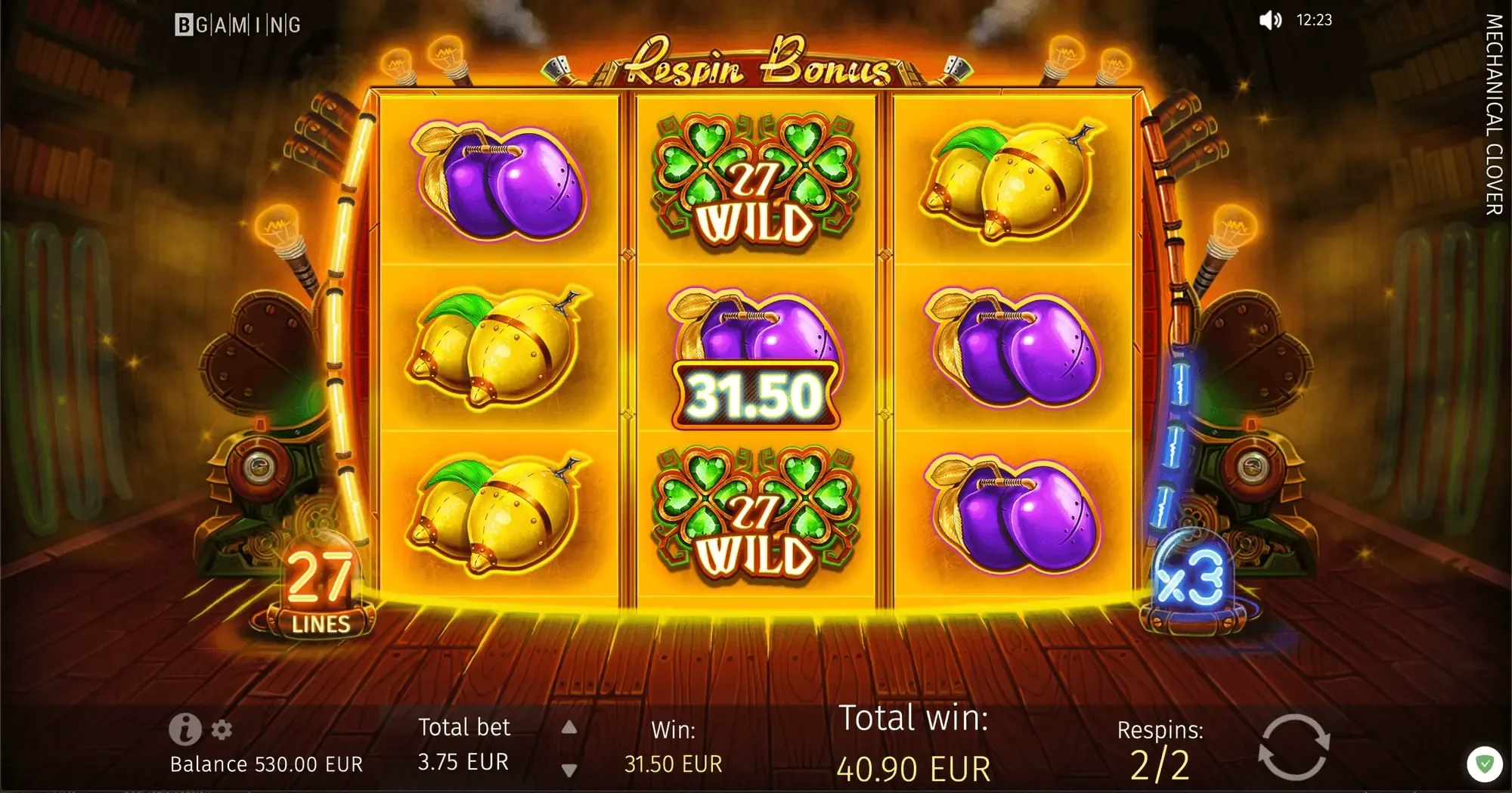 Mechanical Clover official 27-line Respin Bonus with a 3x multiplier