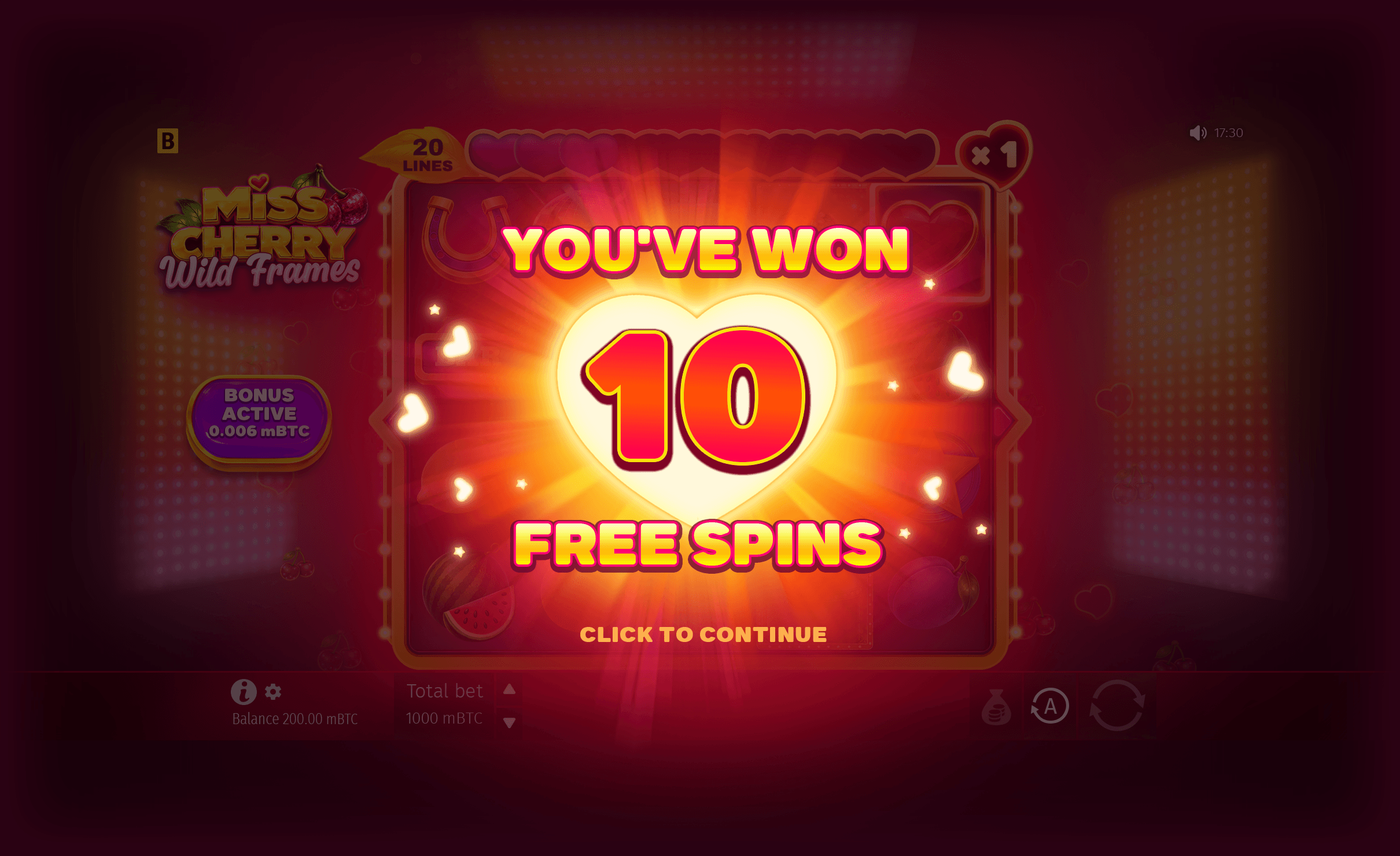 Miss Cherry Wild Frames official free-spins award screen