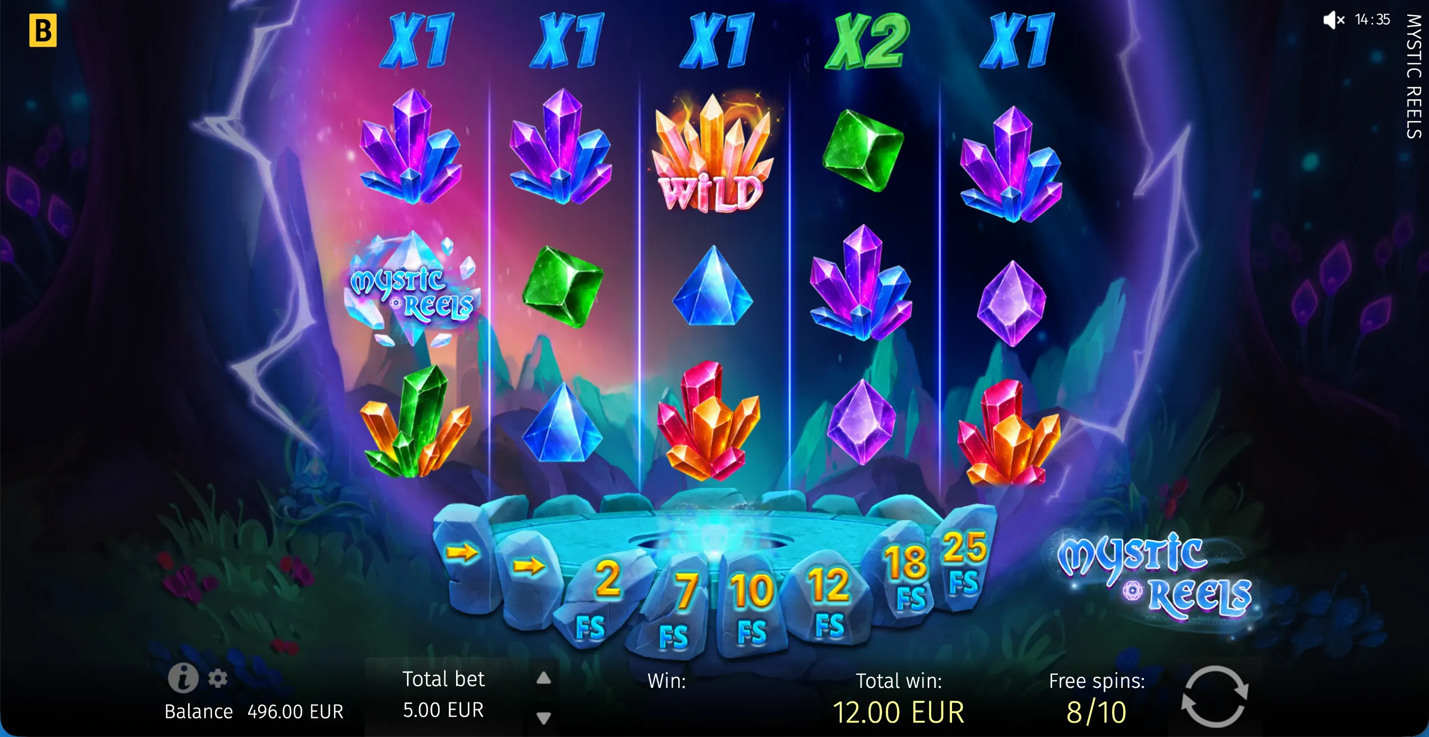 Mystic Reels official Free Spins screen with reel multipliers