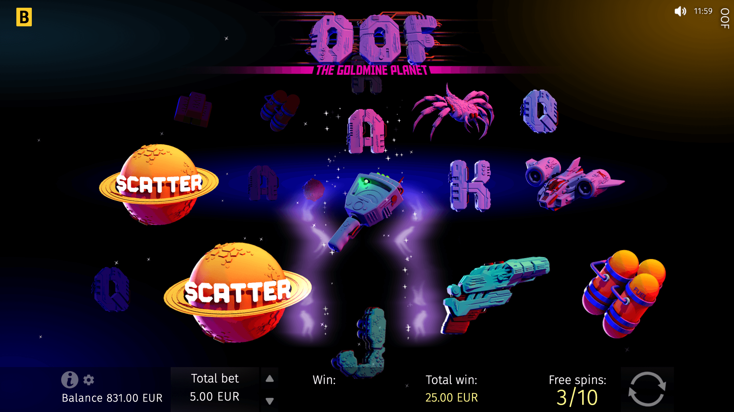 OOF official free-spin screen with sticky symbols