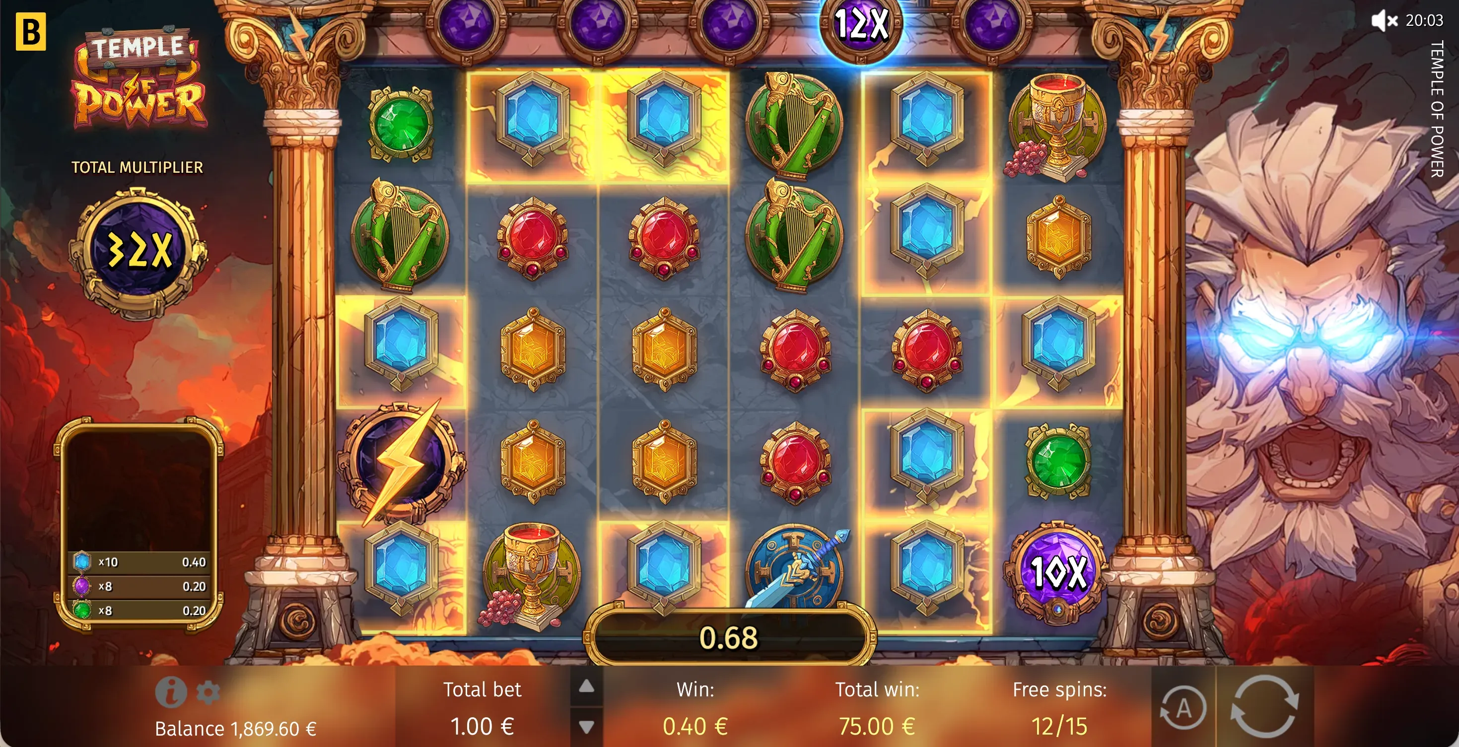 Temple of Power official bonus screen with active progressive multiplier